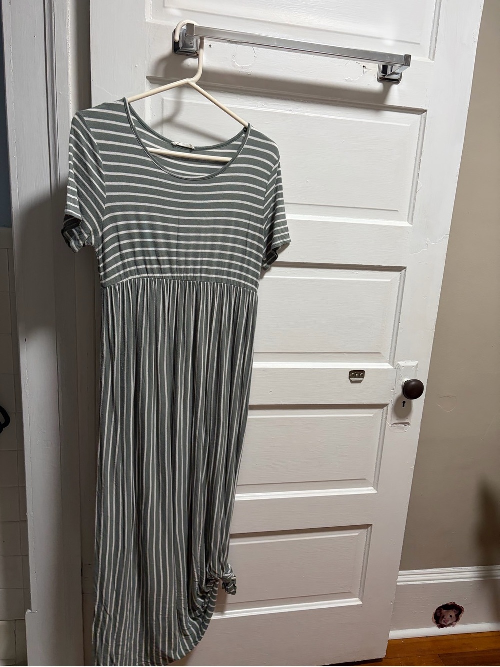Striped Sage Green Short Sleeve Midi Dress